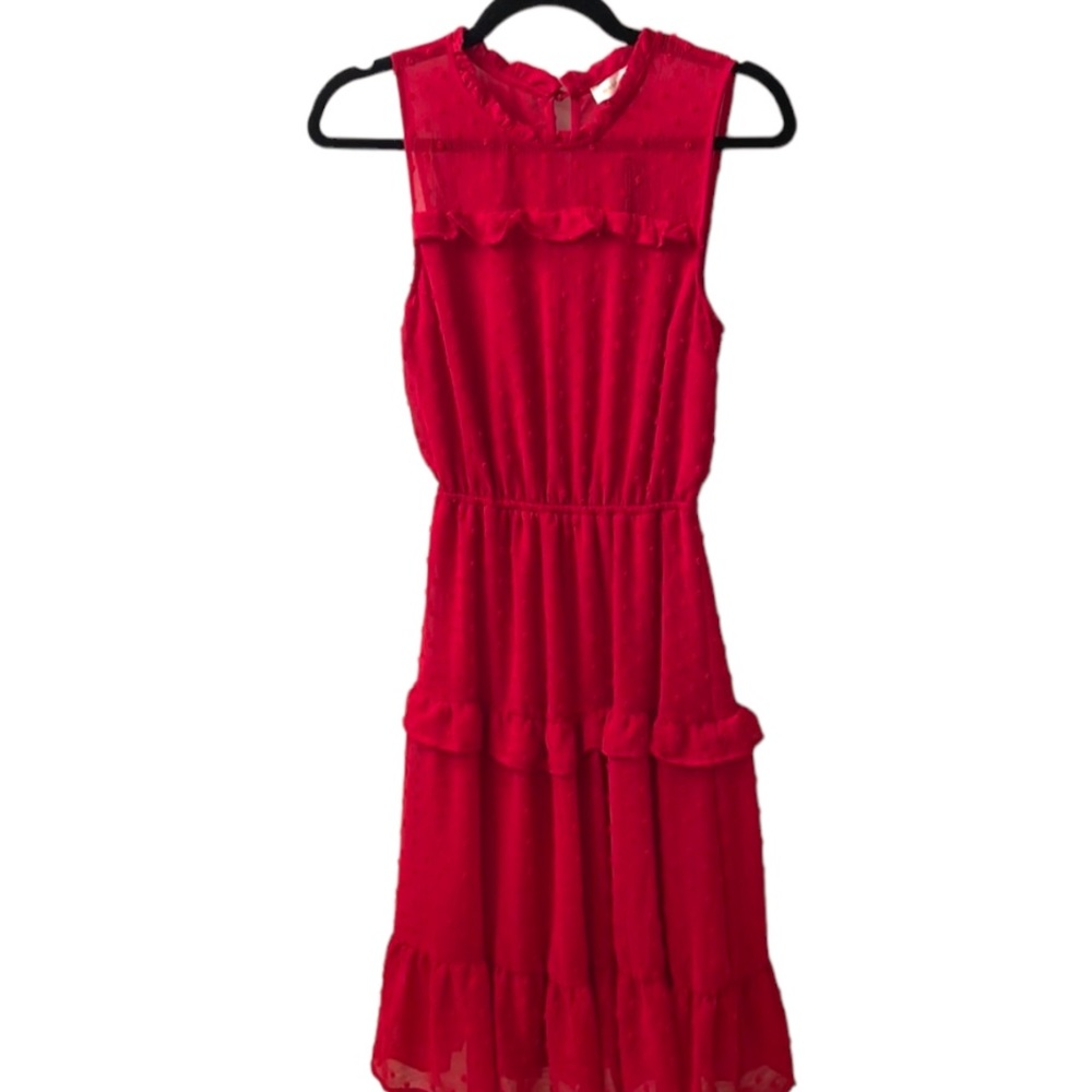 Monteau Red Dress NWT Swiss Dot Ruffle Layers Fully Lined High Neck Size Medium - Picture 1 of 12